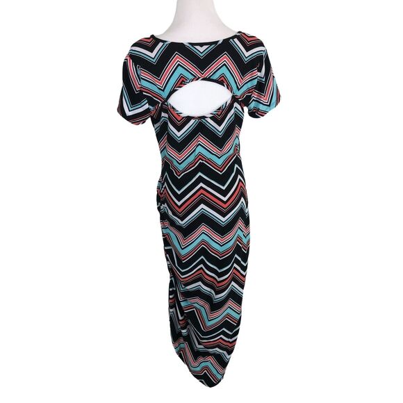 Bobbie Brooks Stretch Sheath Midi Dress Size Small Ruched Chevron Asymmetrical - Picture 2 of 11